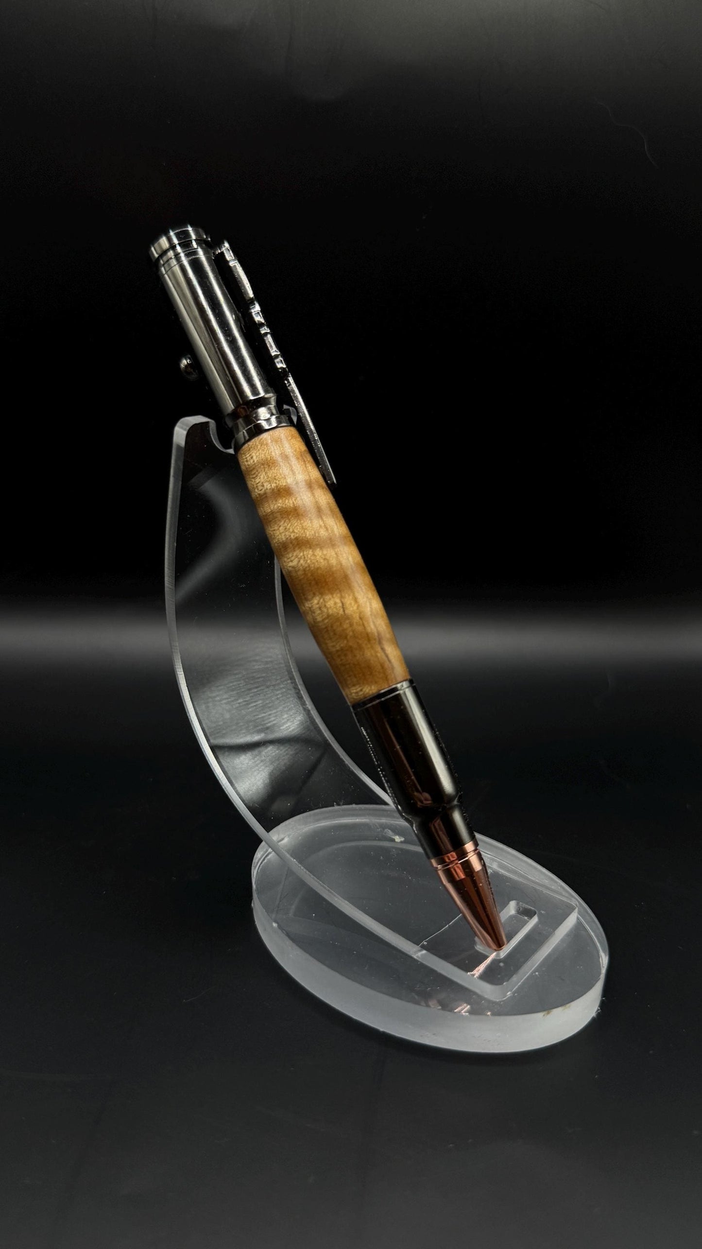 Handcrafted Curly Bigleaf Maple Wood Bullet Bolt Action Ballpoint Pen - Gunmetal Hardware - Natural Wood Texture