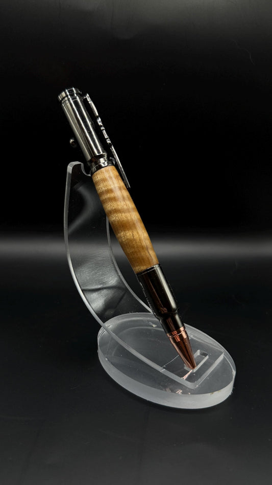 Handcrafted Curly Bigleaf Maple Wood Bullet Bolt Action Ballpoint Pen - Gunmetal Hardware - Natural Wood Texture