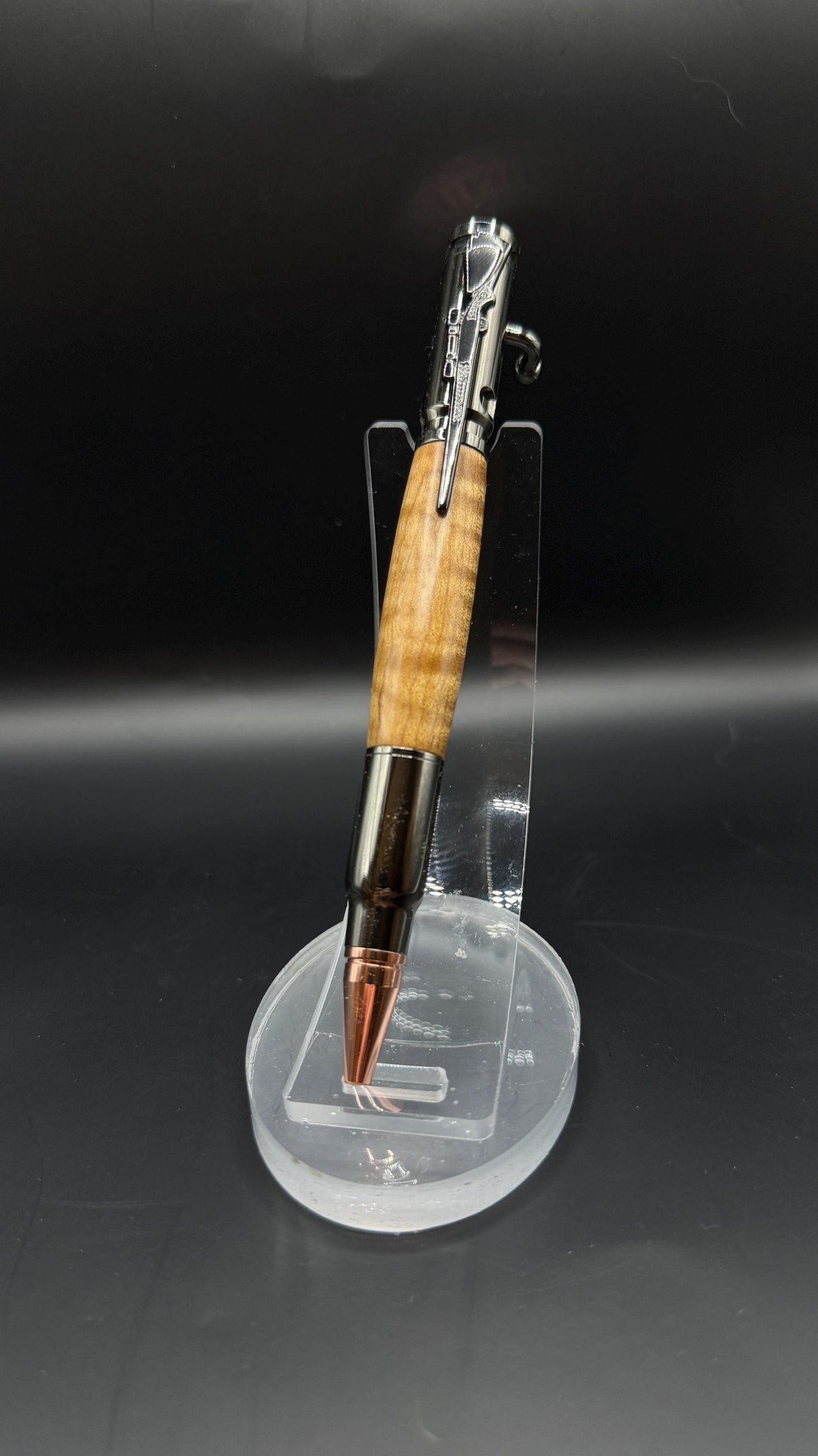 Handcrafted Curly Bigleaf Maple Wood Bullet Bolt Action Ballpoint Pen - Gunmetal Hardware - Natural Wood Texture