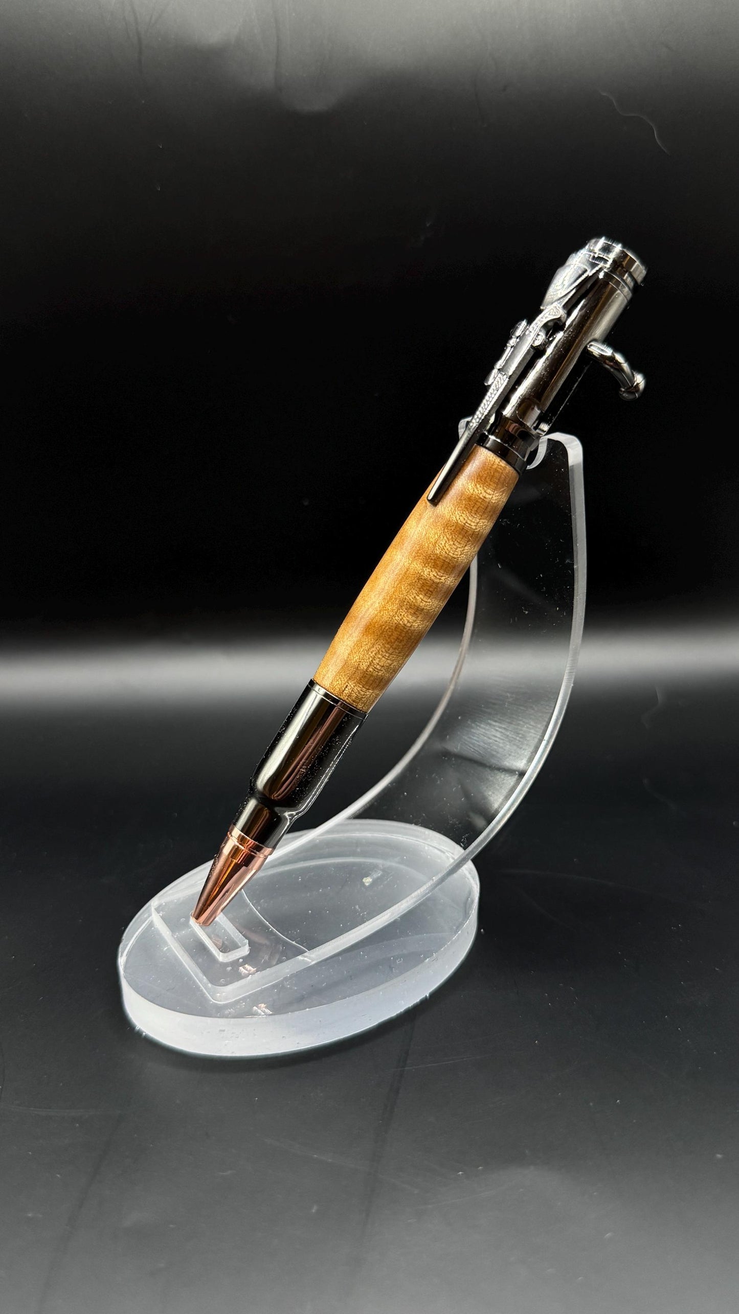 Handcrafted Curly Bigleaf Maple Wood Bullet Bolt Action Ballpoint Pen - Gunmetal Hardware - Natural Wood Texture